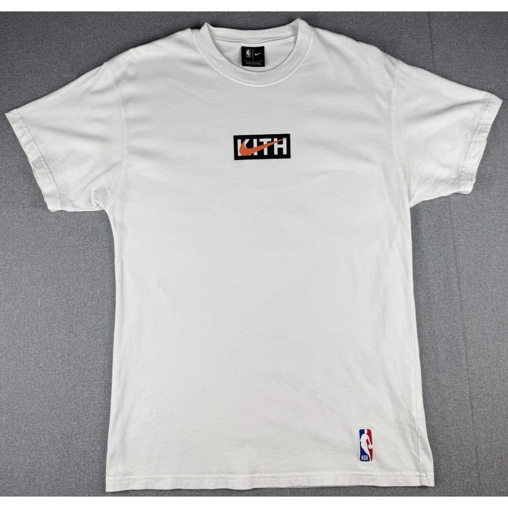 Nike NBA Mens Small White Graphic T Shirt Orange Swoosh Logo Tee Embroidered